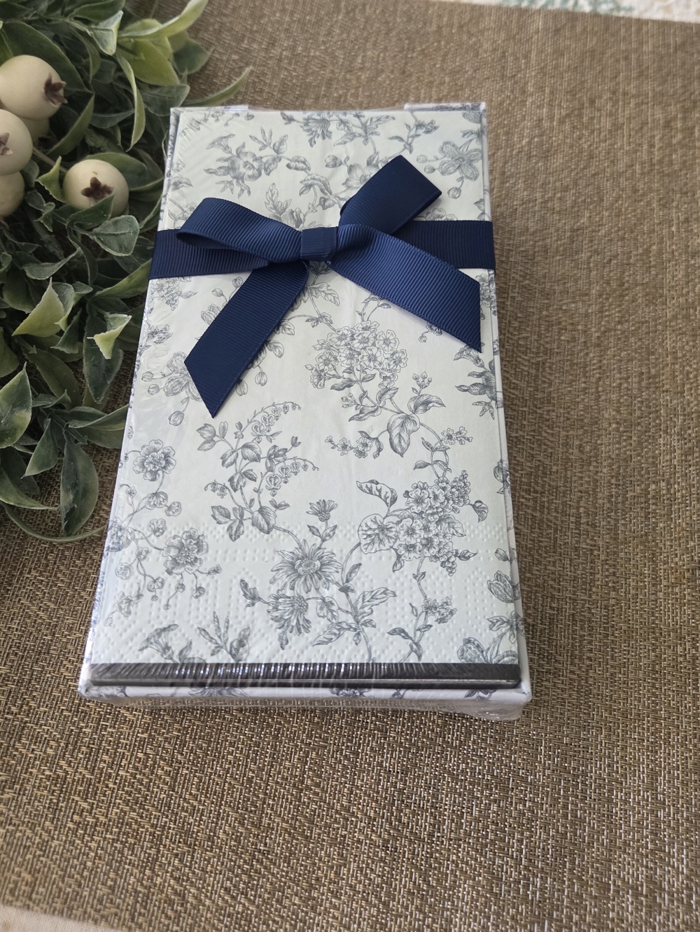 Laura Ashley Gray Floral Napkin Set with Navy Ribbon
